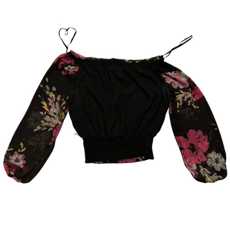 Off-Shoulder Black & Pink Floral Sheer Long Sleeve Shirred Hem Crop Top (12P)