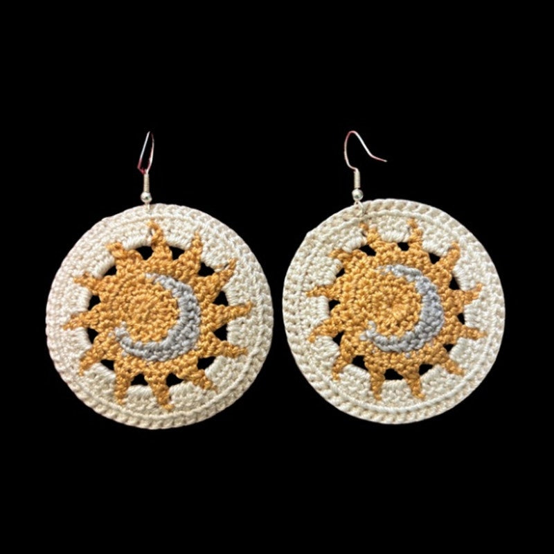 Cream Sun and Moon Micro-crocheted Disc Earrings | Made by Maya