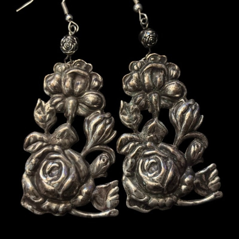 OOAK Antiqued Silver Roses Drop Earrings | Upcycled Vintage