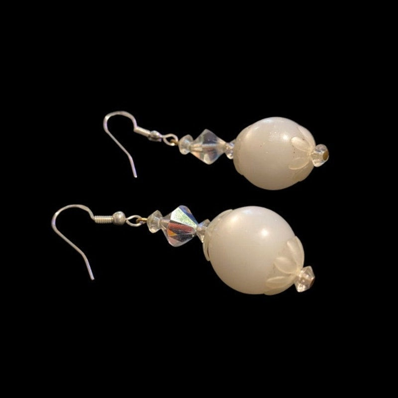 White Mock Crystal and Pearl Beaded Drop Earrings | Upcycled Vintage