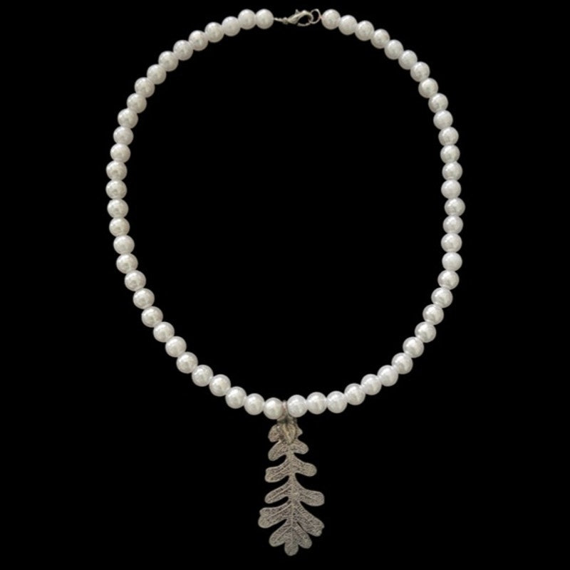 Vintage Silver Leaf Pendant Pearl Choker Necklace | Handmade with Secondhand Materials