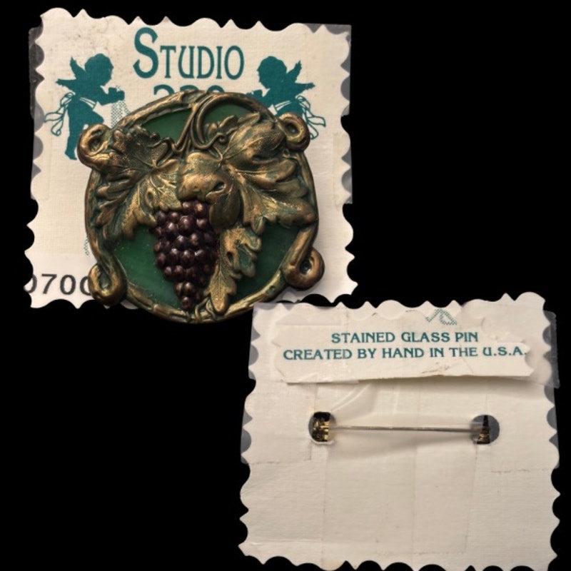 Vintage Studio 229 Round Grapevine Green Stained Glass and Brass Brooch