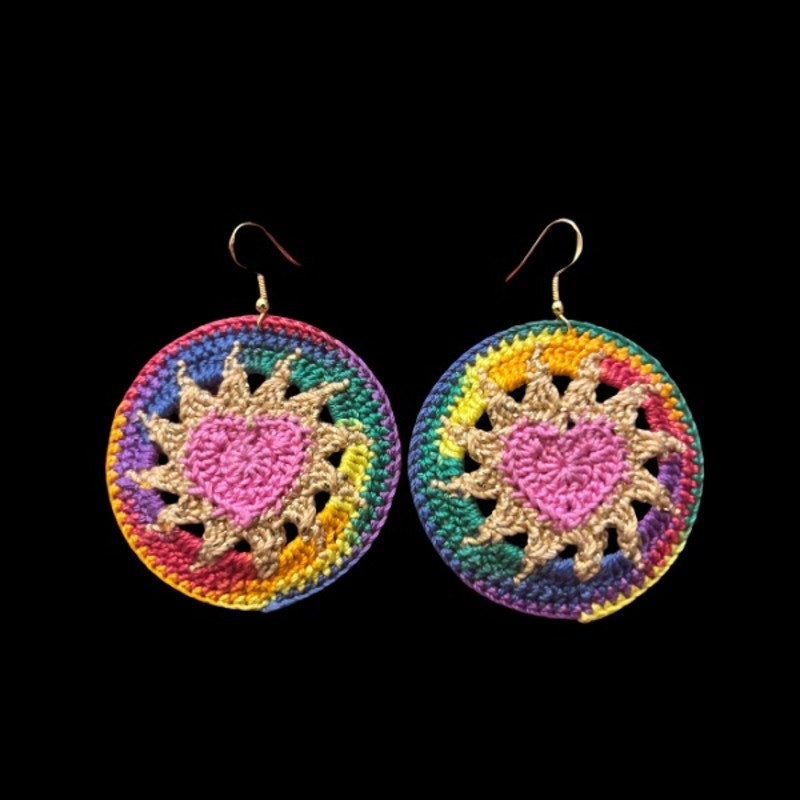 Pink, Gold, & Rainbow Hearts on Fire Micro-crocheted Disc Earrings
