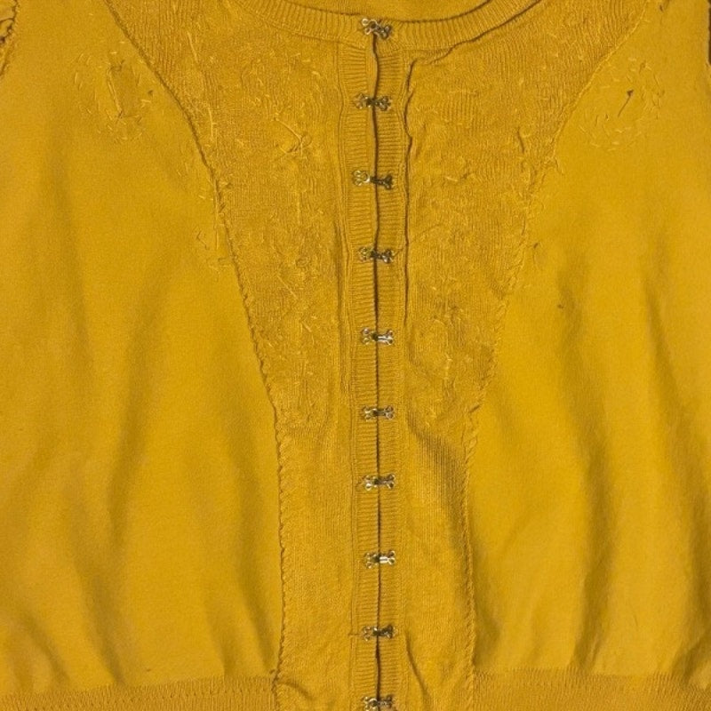 Mustard Yellow Beaded Flower Ruched Half Sleeve Cardigan (Large)