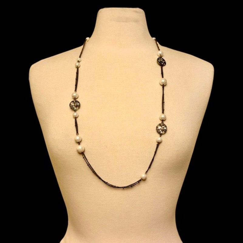 Vintage Bronze-tone Costume Pearl Bead & Rhinestone Studded Chain Necklace/ Belt (35”)