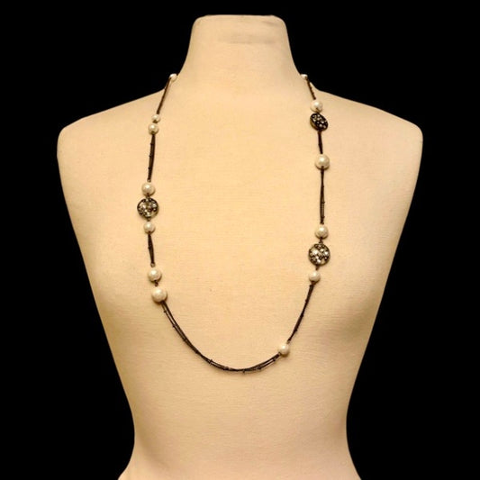 Vintage Bronze-tone Costume Pearl Bead & Rhinestone Studded Chain Necklace/ Belt (35”)