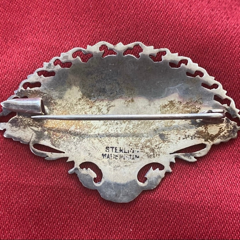 Vintage Black & Silver Siam Niello Sterling Silver Dancers Filigree Fan Brooch