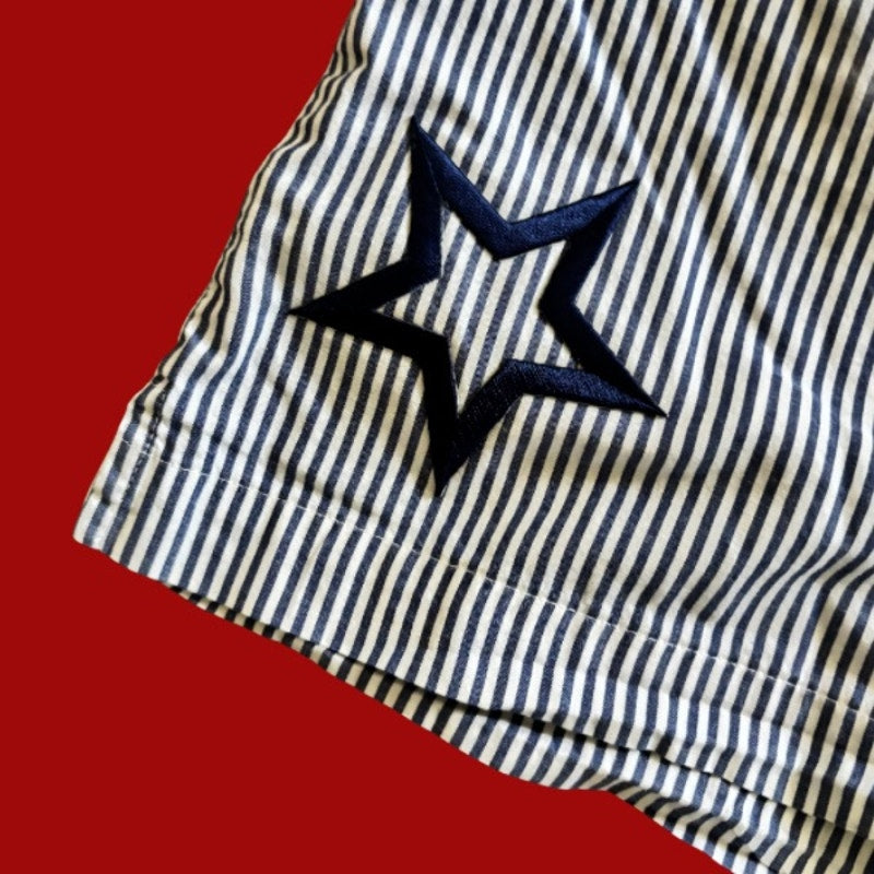 Vintage Navy Star Patch Blue and White Striped Cotton Mini Shorts (L)