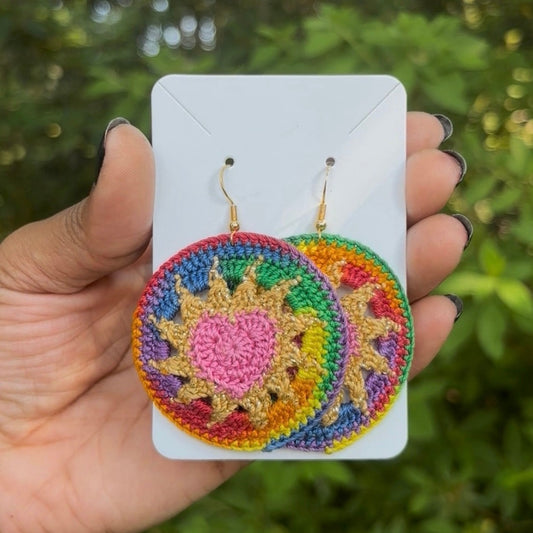 Pink, Gold, & Rainbow Hearts on Fire Micro-crocheted Disc Earrings