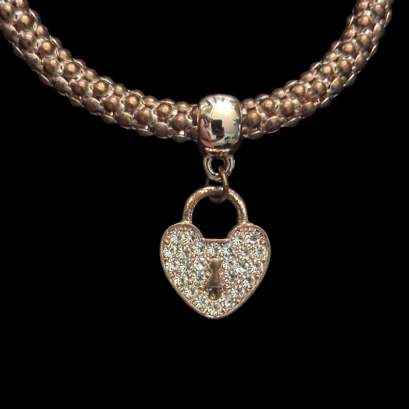 Rhinestone-Studded Heart Lock Charm Costume Rose Gold Stretch Bracelet