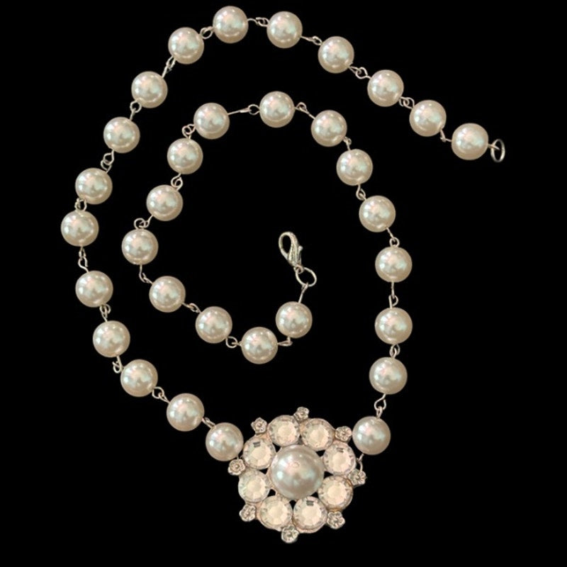 Vintage Rhinestone & Pearl Flower Pendant Pearl Beaded Chain Necklace | Handmade with Secondhand Materials