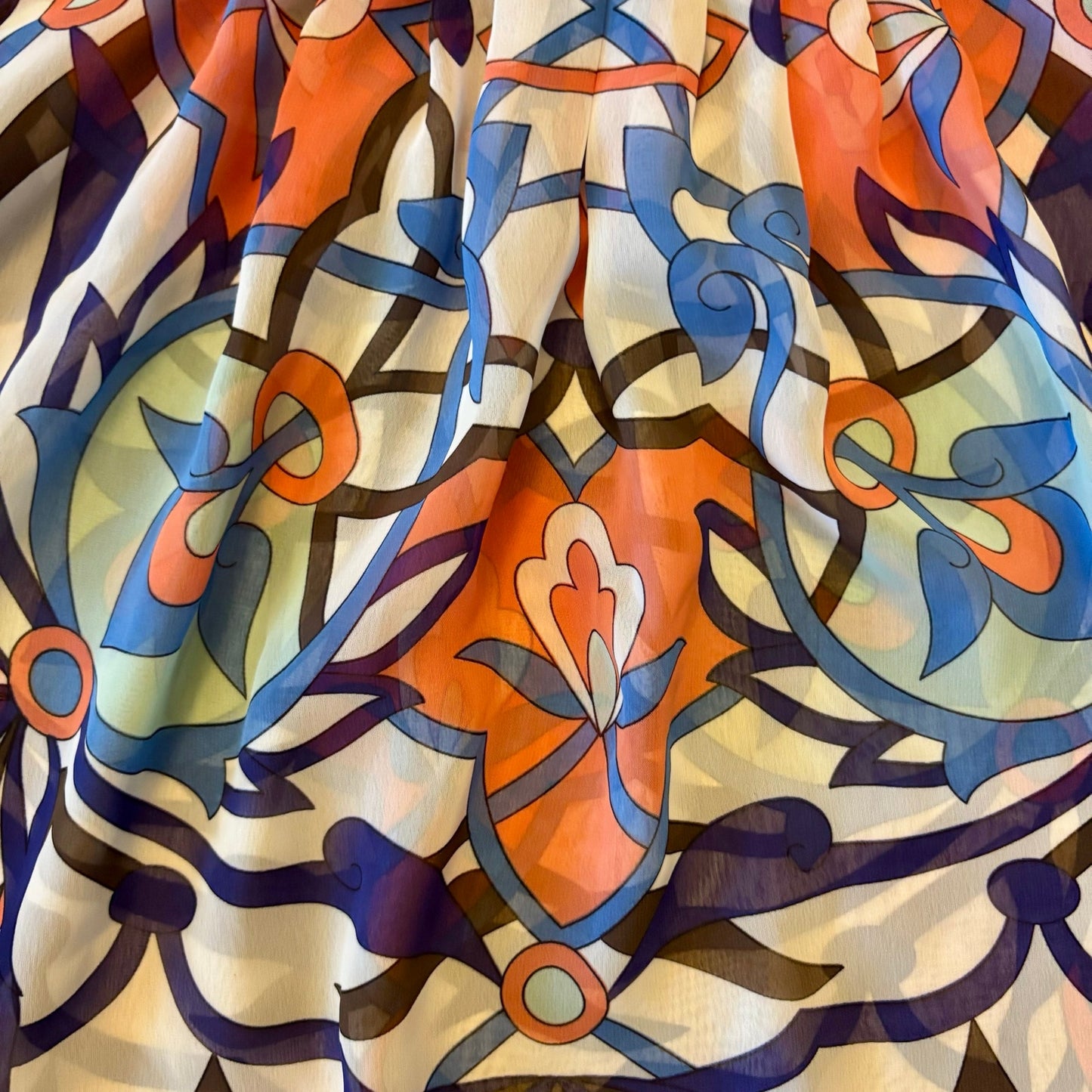 Sheer Orange/ Purple/ White Floral Print Short Sleeve Peasant Babydoll Top (L)