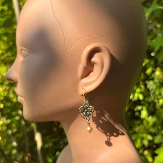 Baroque-Inspired Bronze Flower & Cream Pearl Drop Earrings