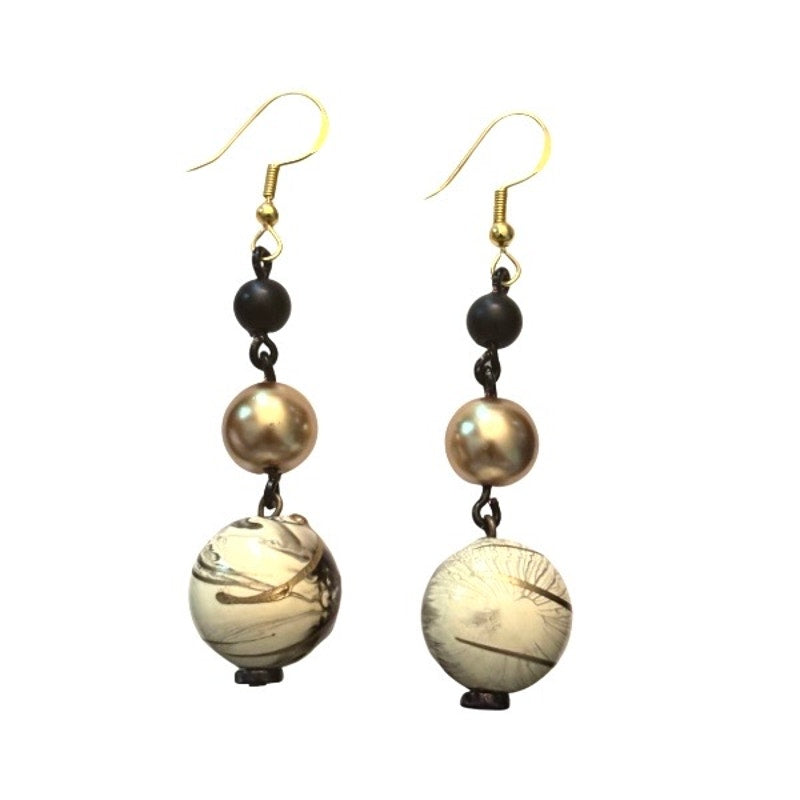 Baroque-Inspired Black, Gold & White Marbled Beaded Drop Earrings