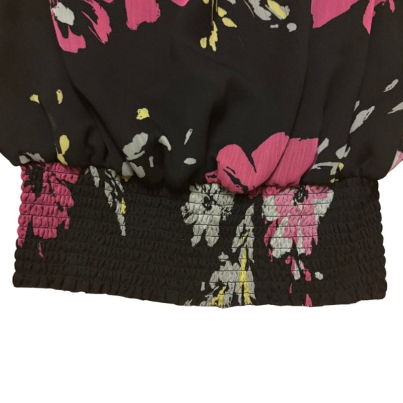 Off-Shoulder Black & Pink Floral Sheer Long Sleeve Shirred Hem Crop Top (12P)