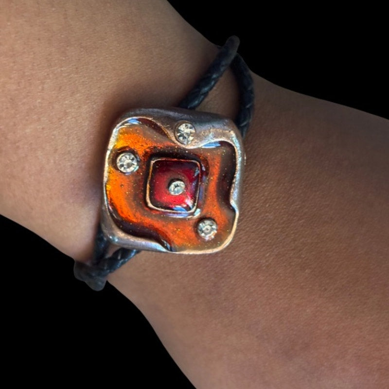 Upcycled Vintage Abstract Rhinestone Studded Red, Orange, and Bronze Diamond Bolo Bracelet