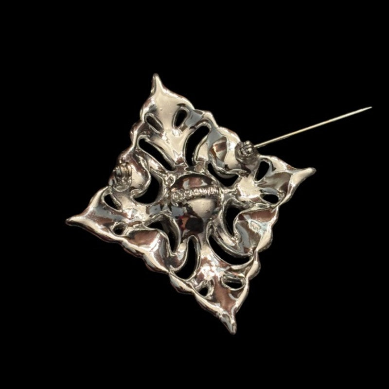 Vintage Art Deco Diamond Shaped Rhinestone Faux Pearl Silver Brooch/ Pin