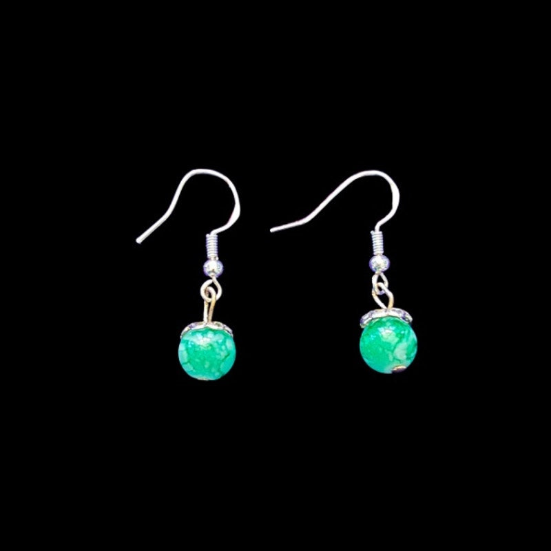 Dainty Green Marble Bead Drop Earrings | Upcycled Vintage