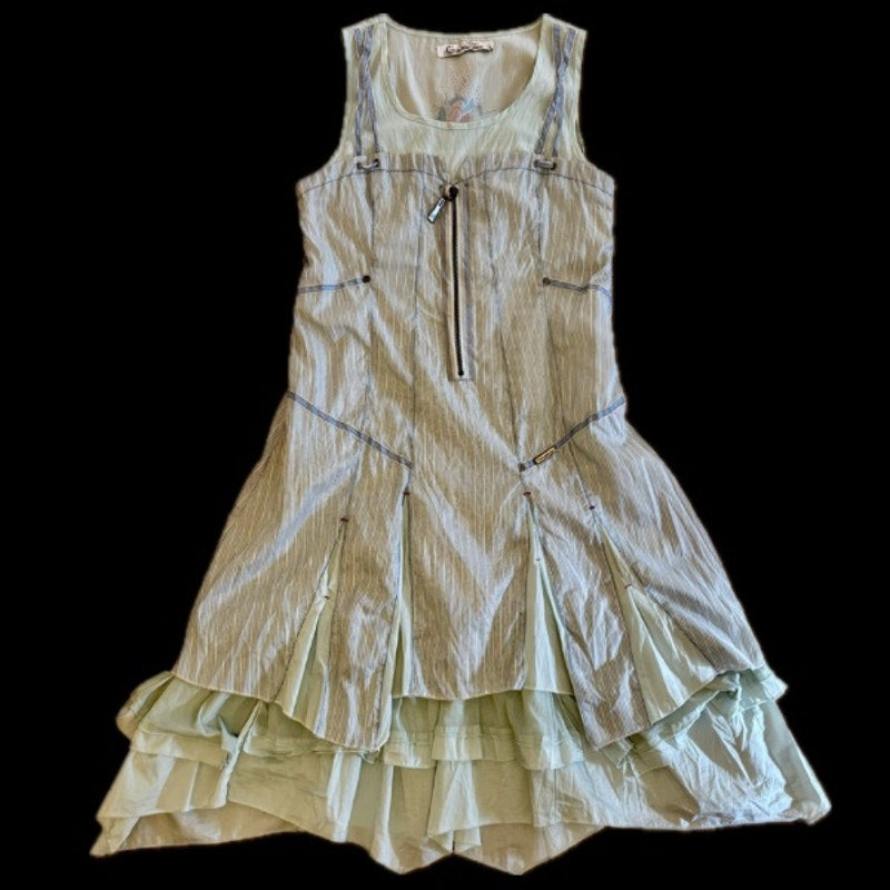 C’est Fait Pour Vous Y2K Light Blue and White Pinstriped Drop Waist Handkerchief Hem Fairy Dress (S/M)