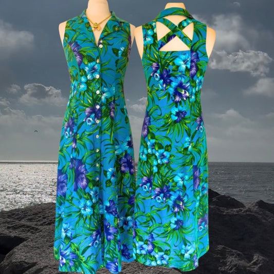 Vintage Blue & Purple Hibiscus Floral Print Sleeveless Button Down A-Line Tea Length Dress (M)