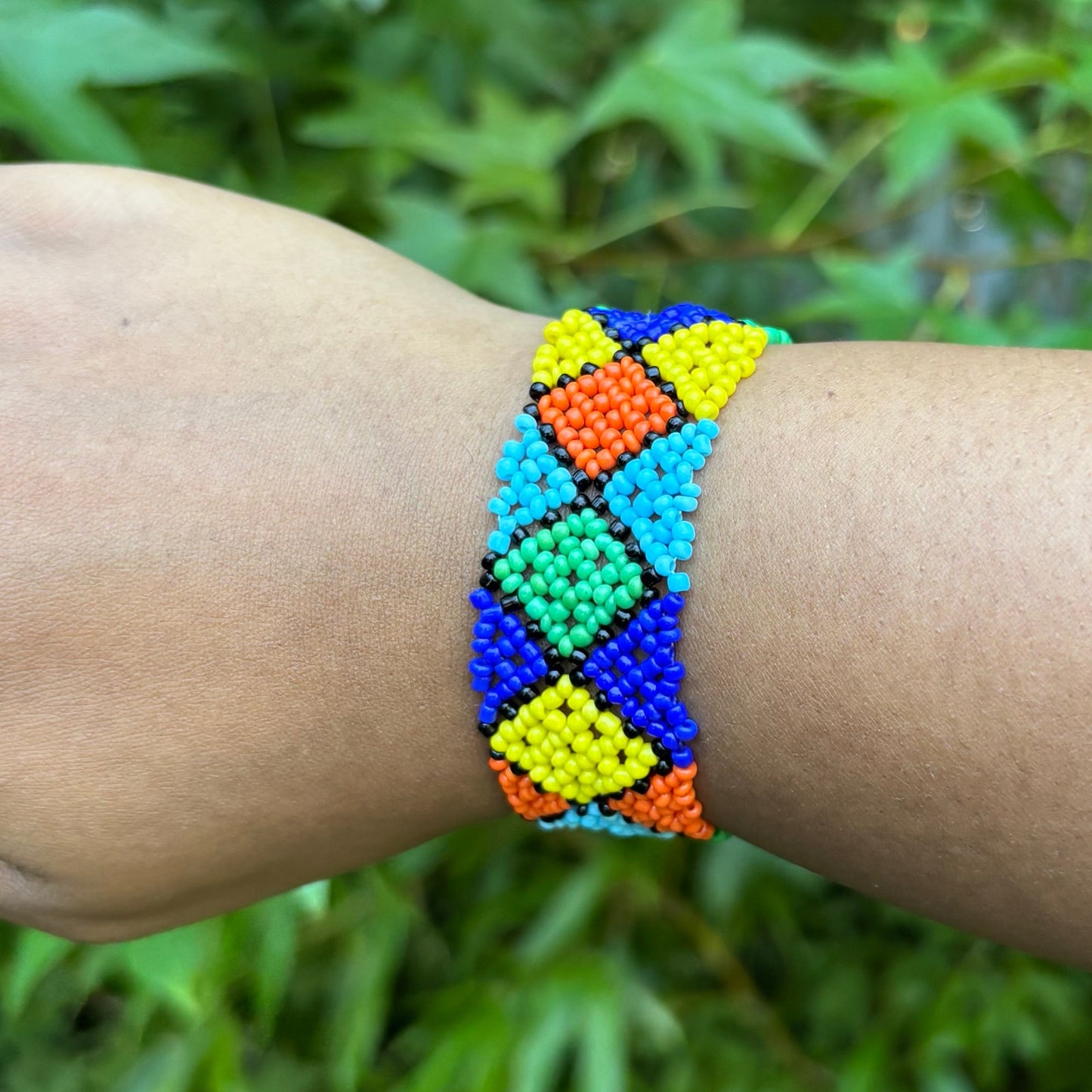 Vintage Multi Green, Blue, and Yellow, Orange Diamond Pattern Seed Bead Stretch Bracelet