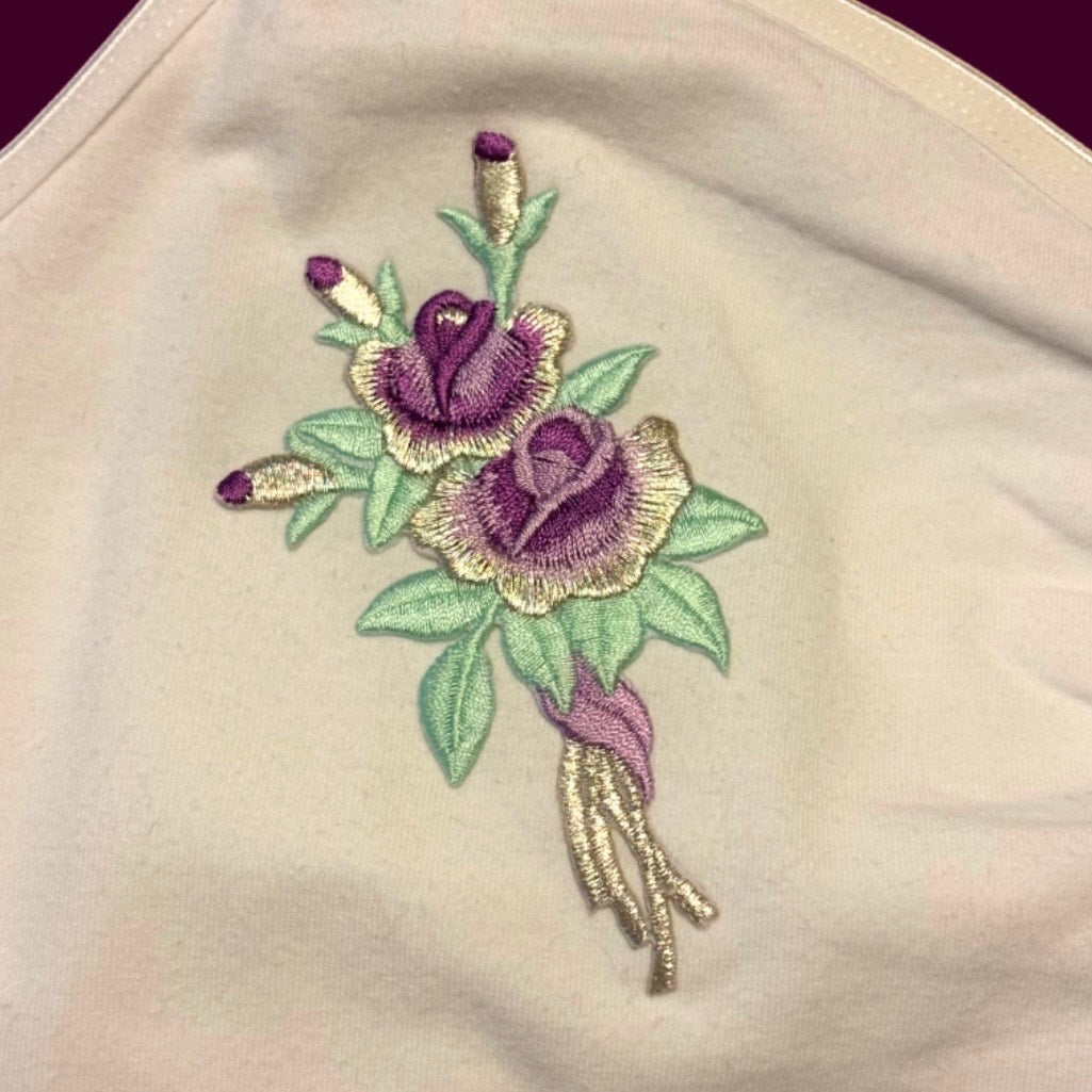 Vintage Purple Rose Bouquet Flower Patch Embellished White Camisole (Medium-Large)