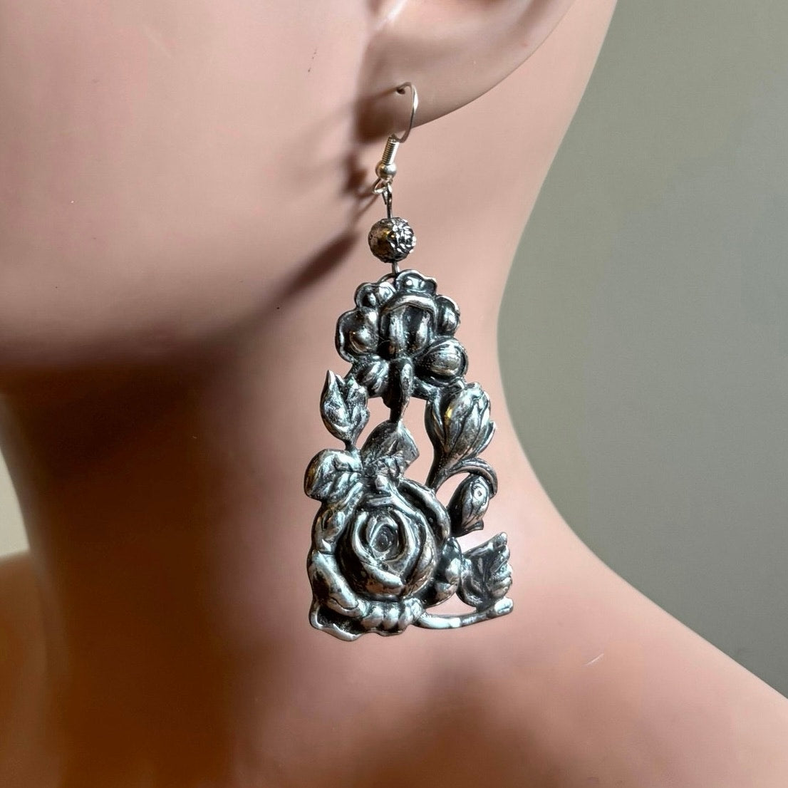OOAK Antiqued Silver Roses Drop Earrings | Upcycled Vintage