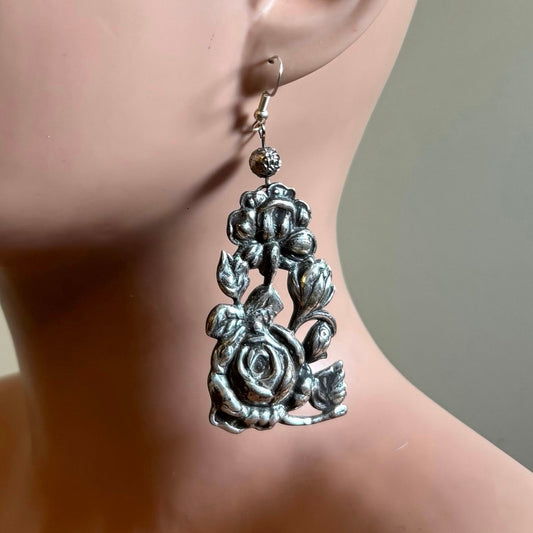 OOAK Antiqued Silver Roses Drop Earrings | Upcycled Vintage