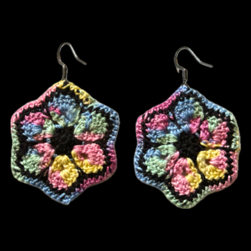 Rainbow & Black Micro-crocheted Cotton Flower Earrings