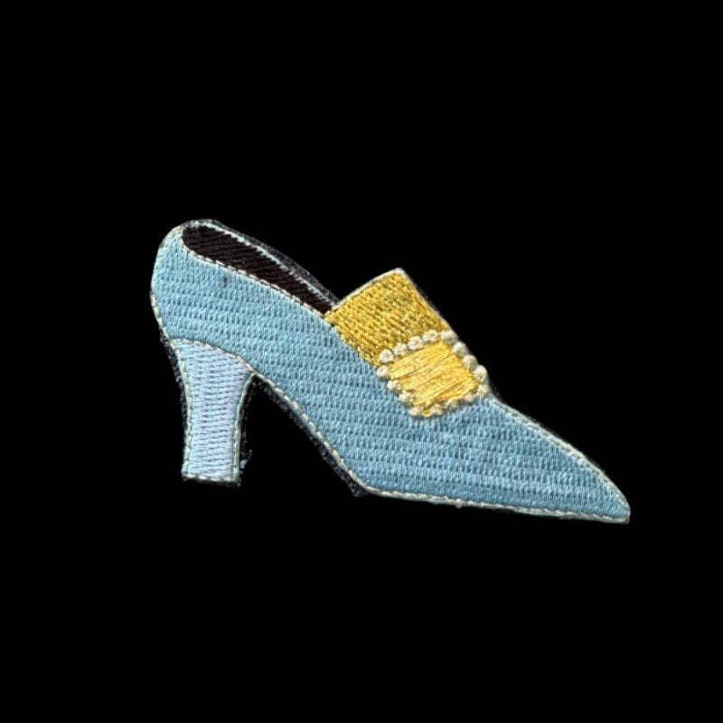 Heavenly Blue and Gold Buckle French Court Shoe Heel Vintage Embroidered Patch Pin