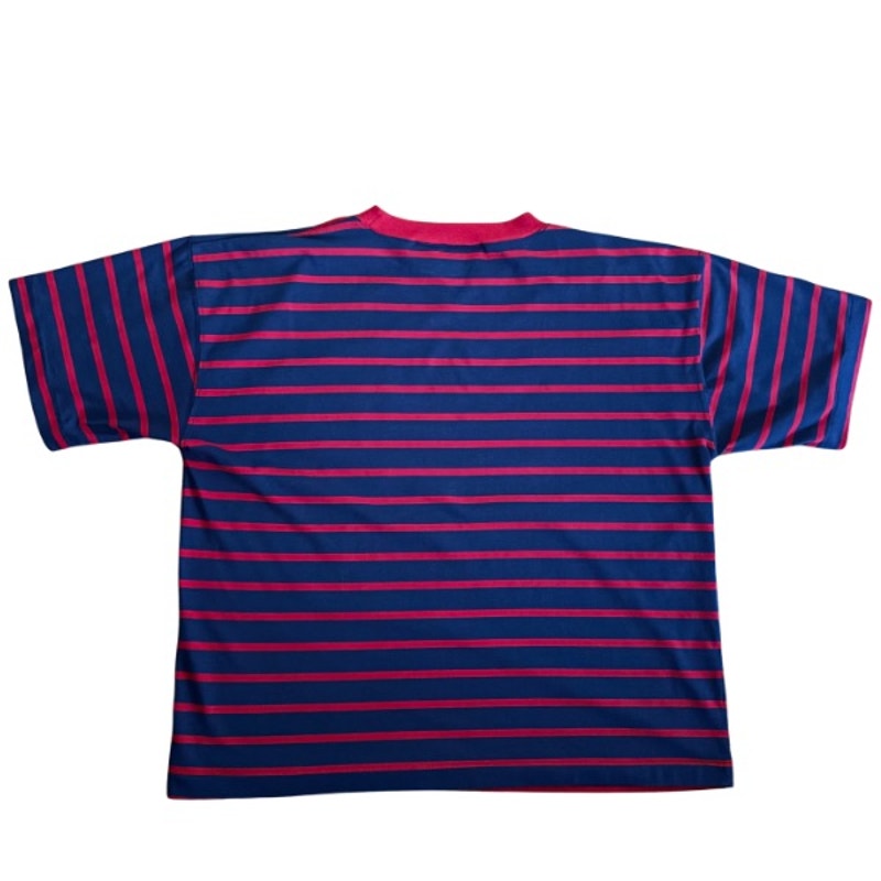 Vintage Sun and Moon Patch Blue/Green Striped 3/4 Sleeve Cotton V-Neck Top (L-XL)