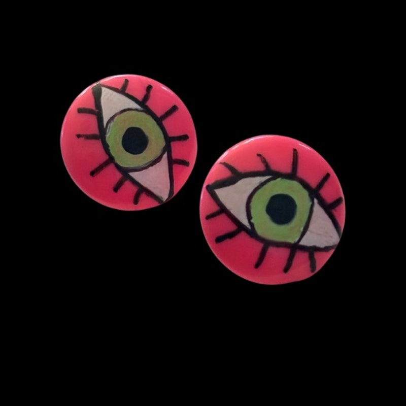 Handpainted Vintage Hot Pink Green Eyed Monster Stud Earrings