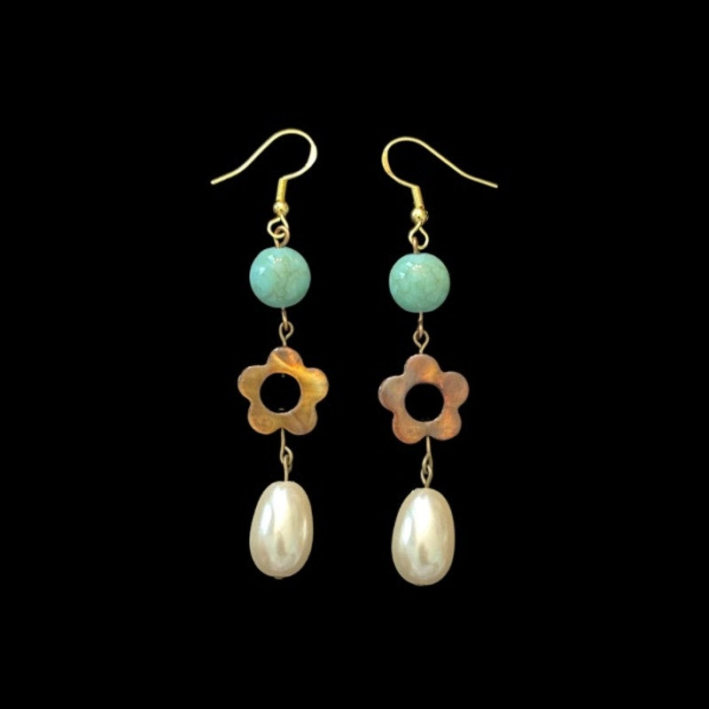 Baroque-Inspired Turquoise, Brown Shell Flower, & Costume Pearl Beaded Drop Earrings
