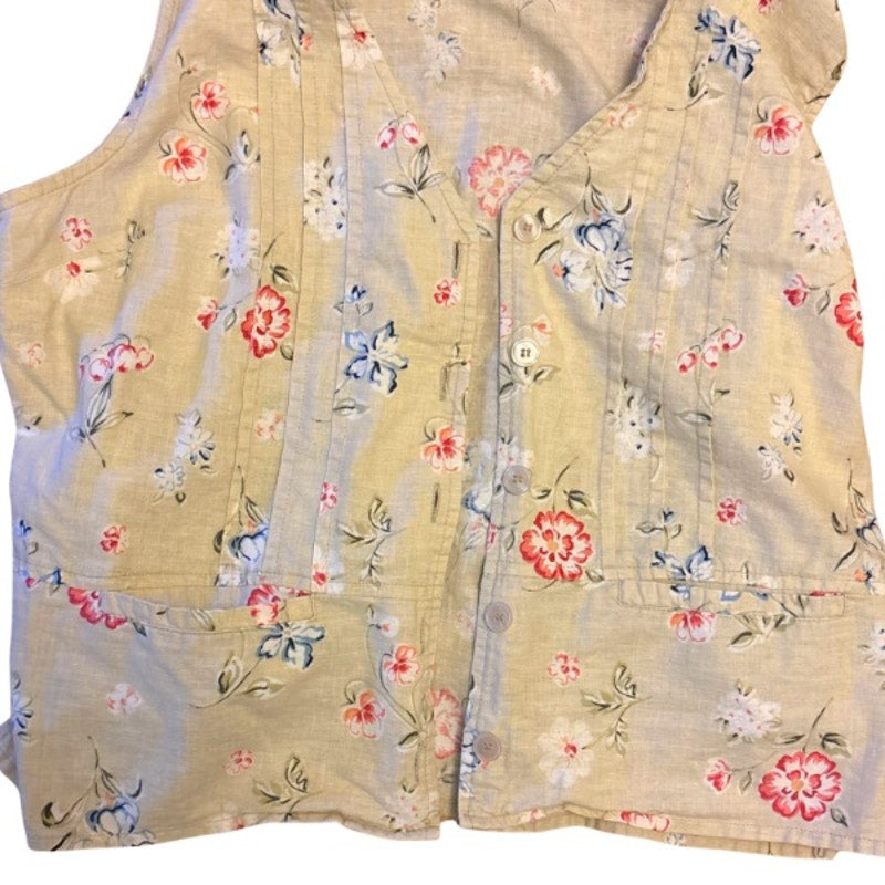 Y2K Beige & Pink Floral Pattern Button Down Vest Top