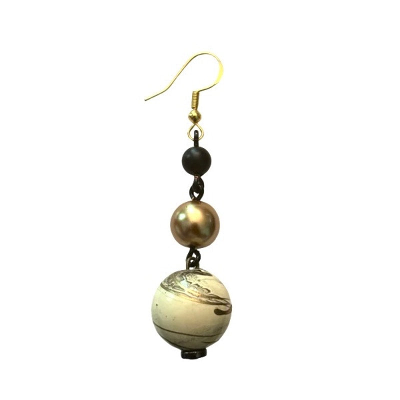 Baroque-Inspired Black, Gold & White Marbled Beaded Drop Earrings