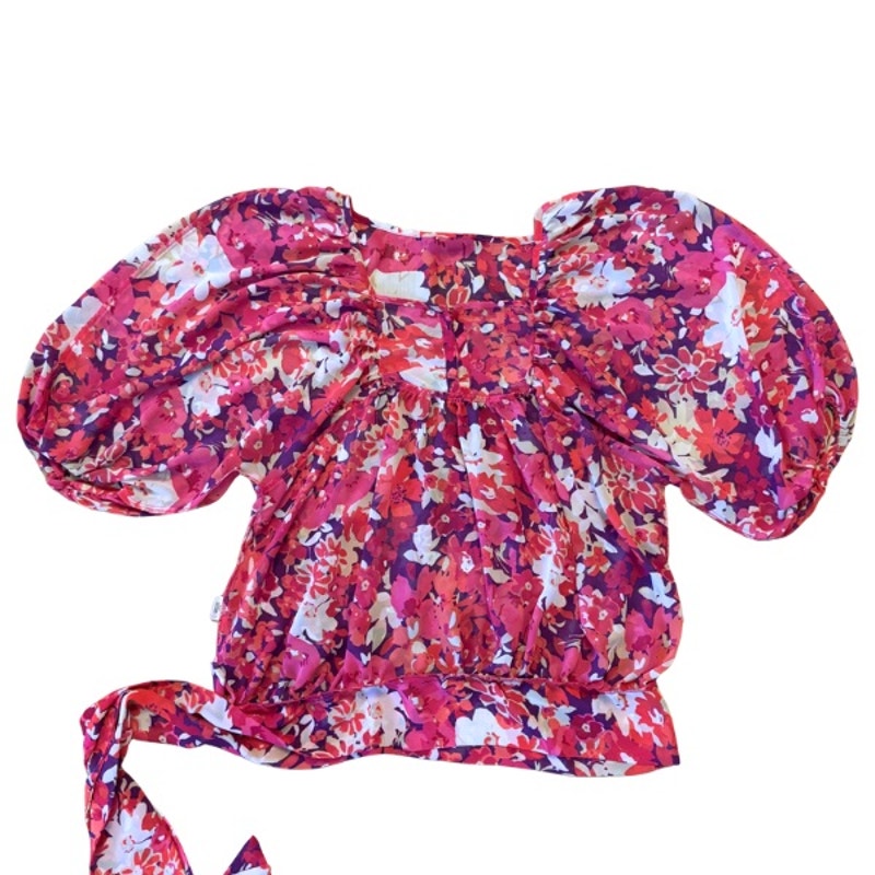 Sheer Pink/Purple Floral Puffed Sleeve Peasant Top w/ Sash (L)