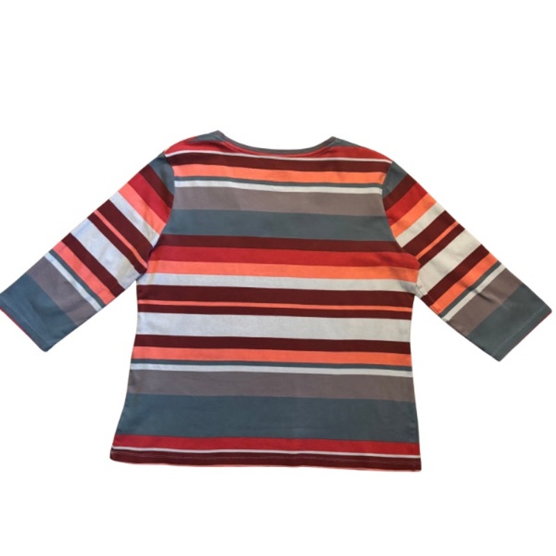 Vintage Sun and Moon Patch Coral Pink/Green Striped 3/4 Sleeve Cotton V-Neck Top (L-XL)