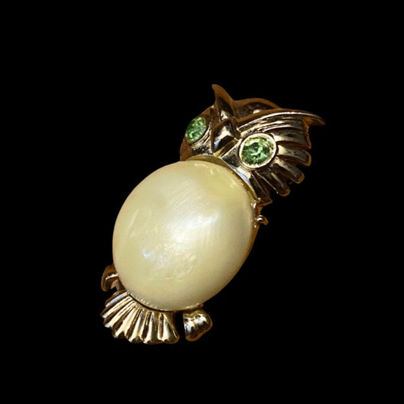 Vintage Pearly White  “Jelly Belly” Gold Toned Green-Eyed Owl Brooch