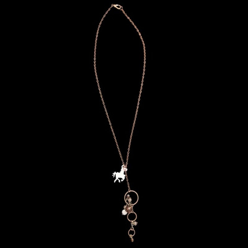 Vintage White Horse & Bronze Beaded  Bauble Bronze-toned Layered Drop Pendant Choker Necklace