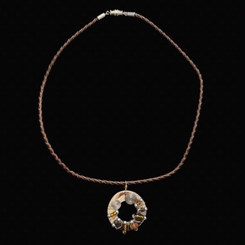 Wire-wrapped Beaded Abalone Shell Ring Pendant Leather Cord Choker Necklace