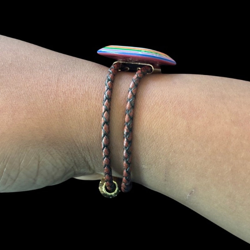 Upcycled Vintage Turquoise Blue/Multi Striped Border Square Bolo Bracelet