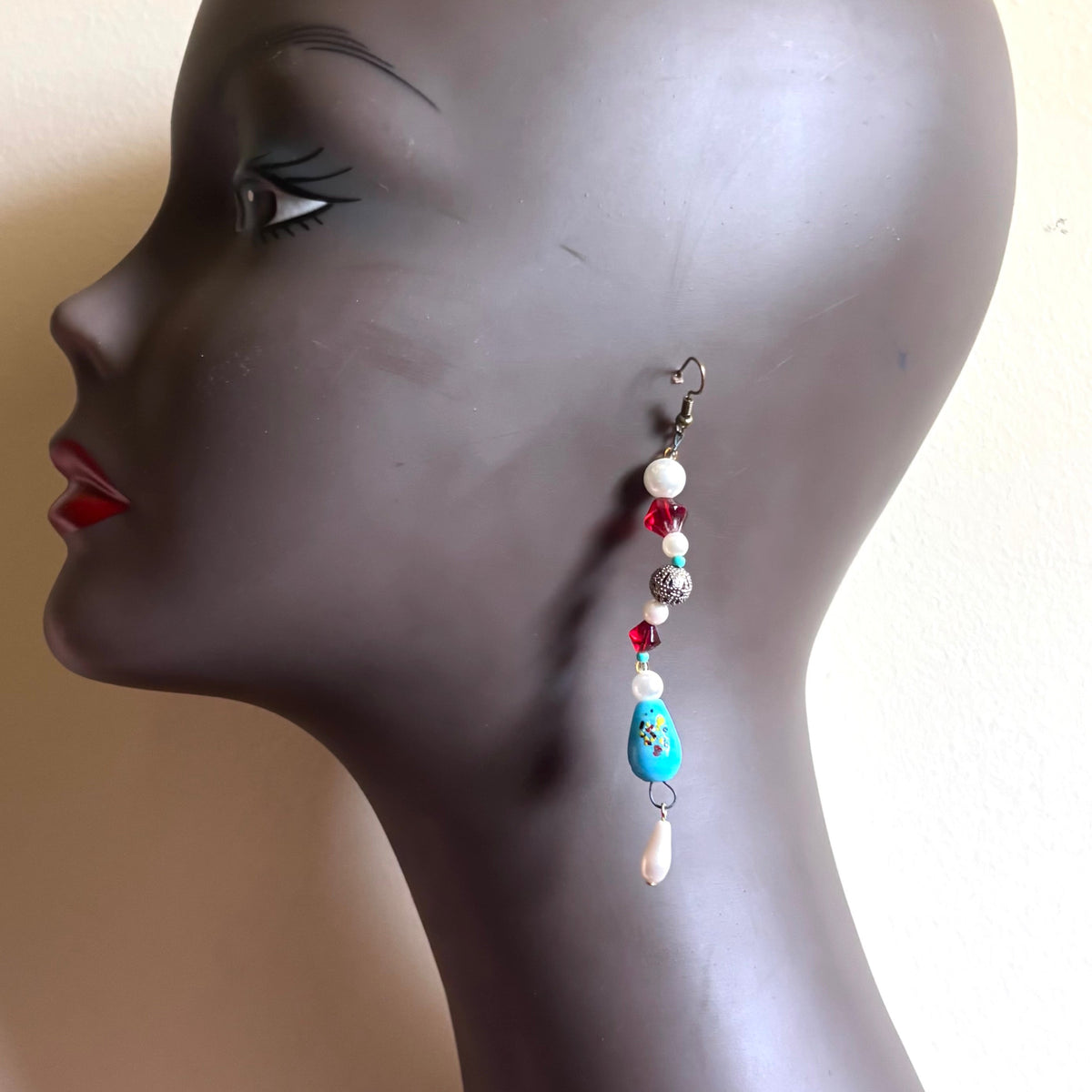 Arista | Red/Blue/Cream Mock Pearl Beaded Dangle Earrings