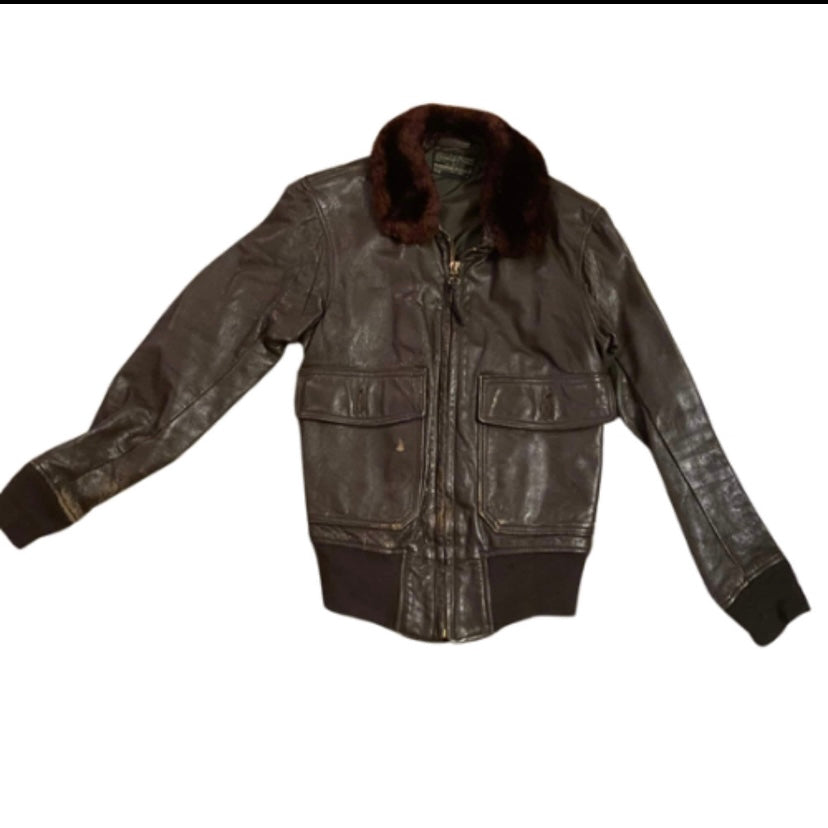 *RARE VINTAGE* 1960s USN Men’s Type G-1 Chocolate Brown Leather Flight Jacket with Fur Collar  (36)