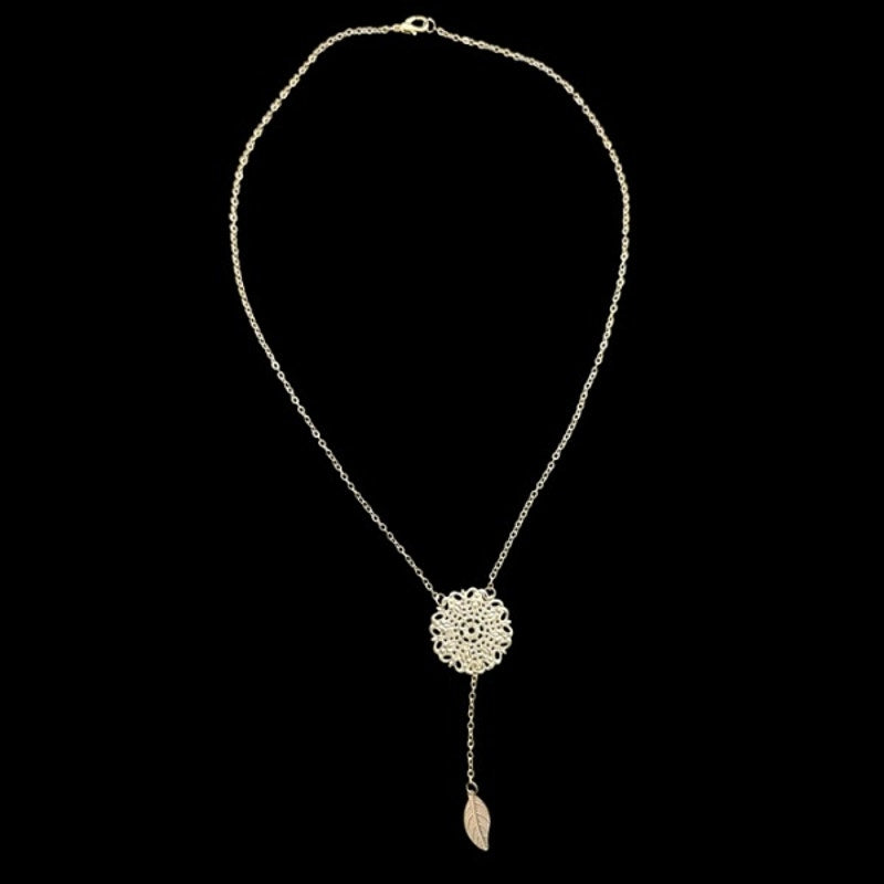 Lacey White Gold Toned Flower & Leaf Charm Layered Drop Pendant Necklace