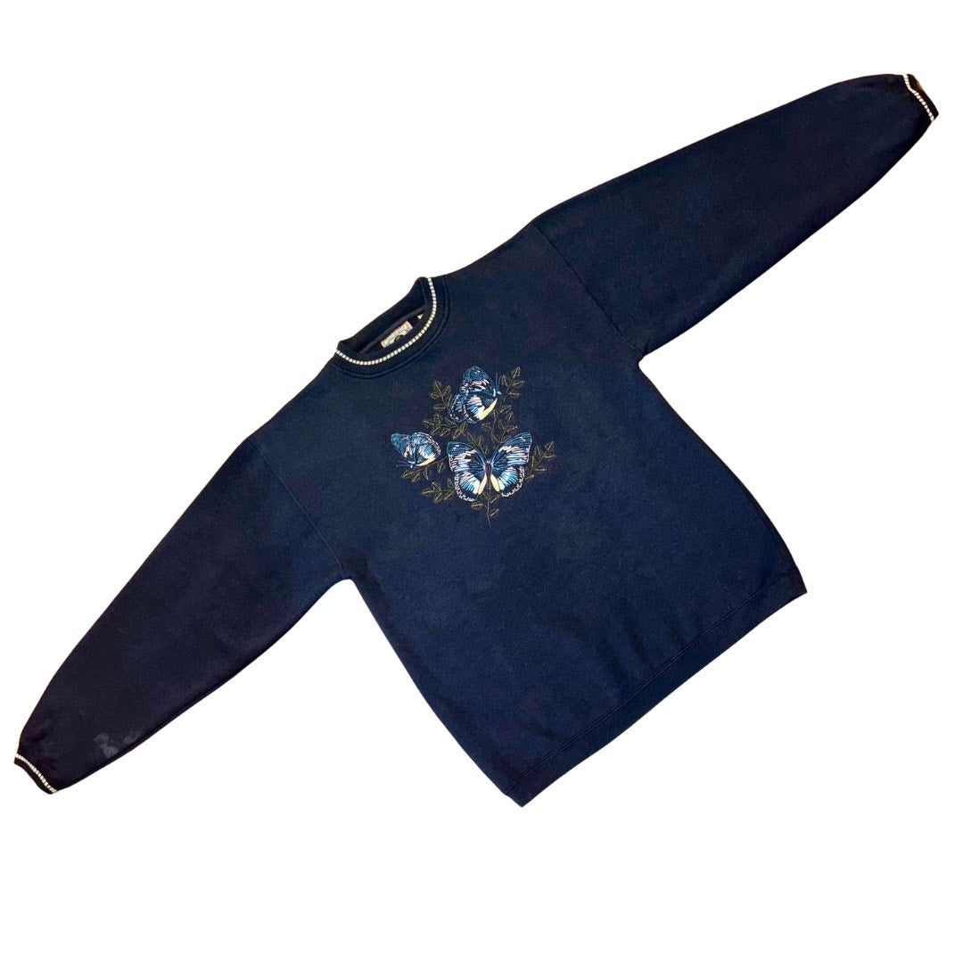 1990’s Vintage Unisex Embroidered Blue Butterflies Crewneck Sweater (Medium)