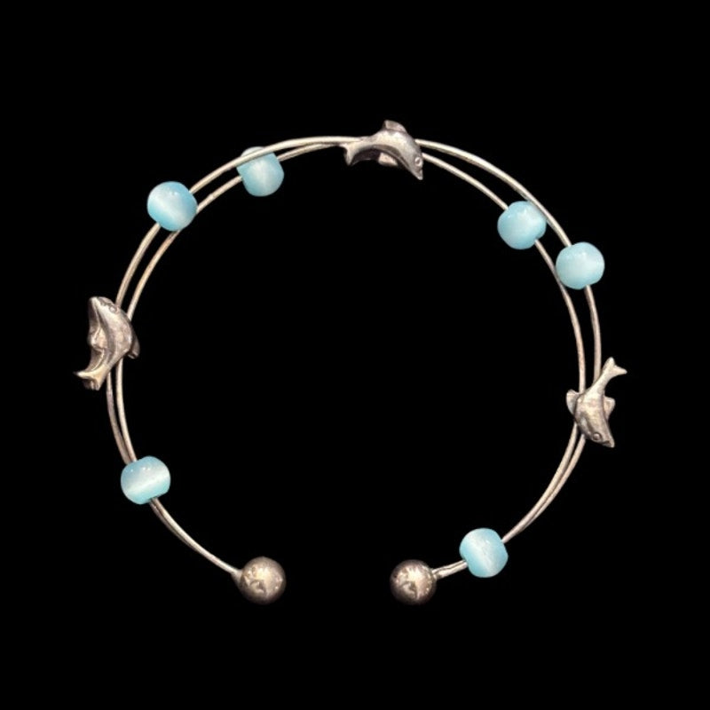 Vintage Silver Dolphin & Aquamarine Bead Wire Cuff Bracelet