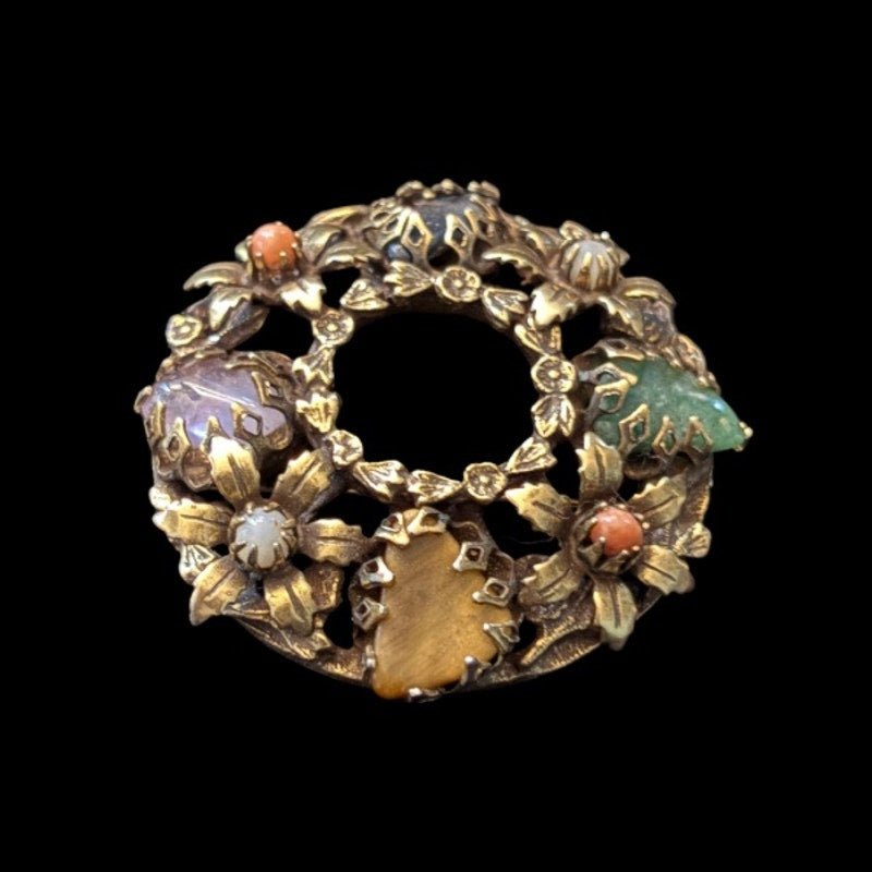 Vintage Black Onyx/ Amethyst/ Jade/ Light Blue Chalcedony/ Yellow Jasper Brass Floral Wreath Brooch
