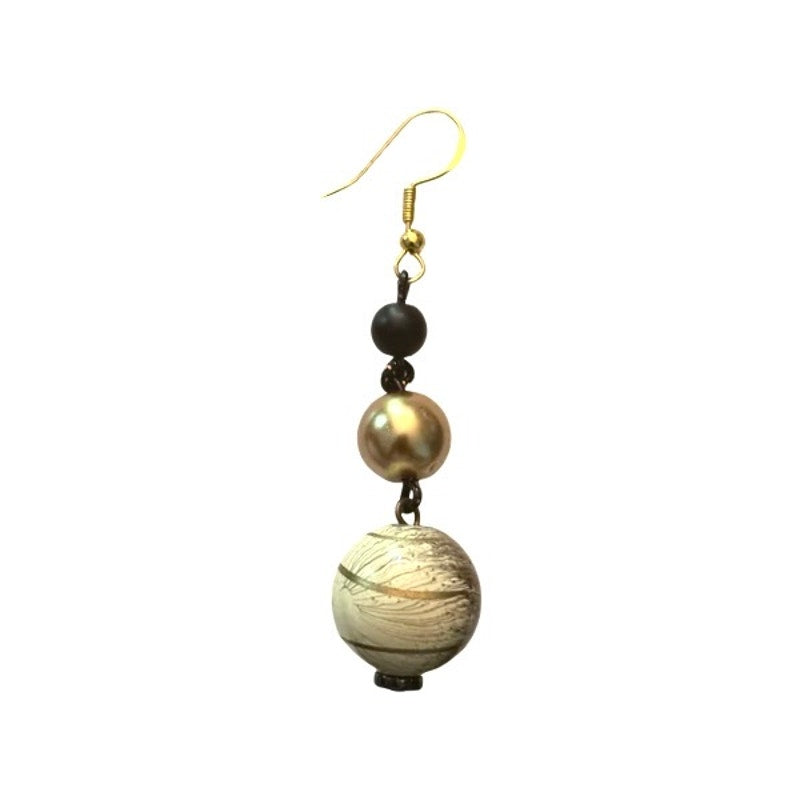 Baroque-Inspired Black, Gold & White Marbled Beaded Drop Earrings