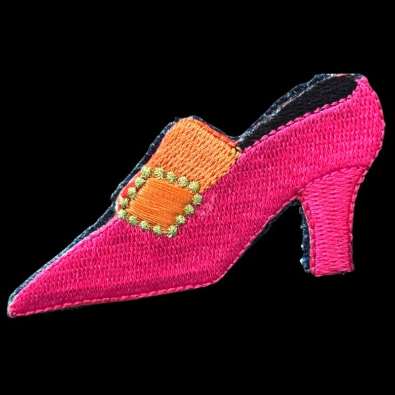 Hot Pink & Orange Buckle French Court Shoe Heel Vintage Embroidered Patch Pin