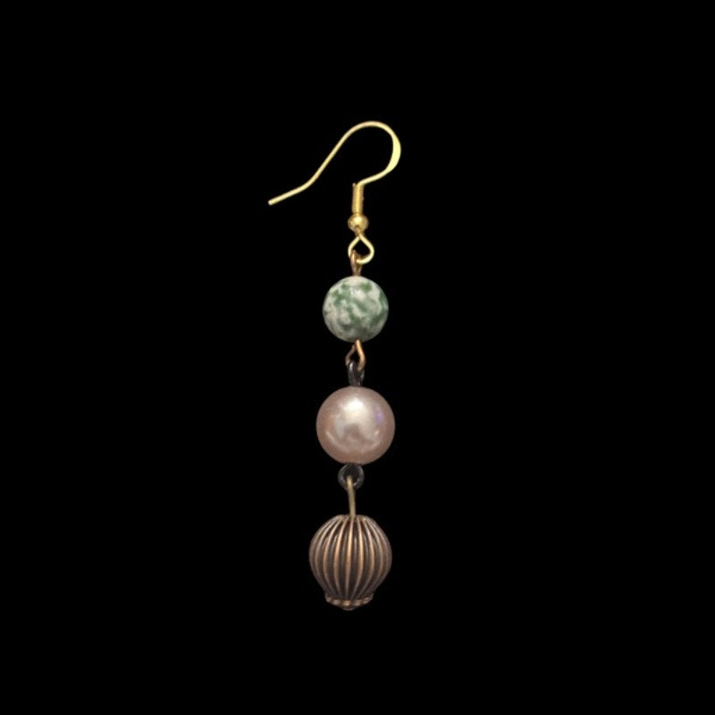 Baroque-inspired Marbled Green, Rose Gold Pearl, & Bronze Beaded Drop Earrings